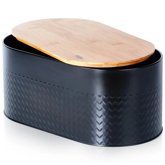 Steel Bread Box with Wooden Board Black 34X18.5X15.5 Cm